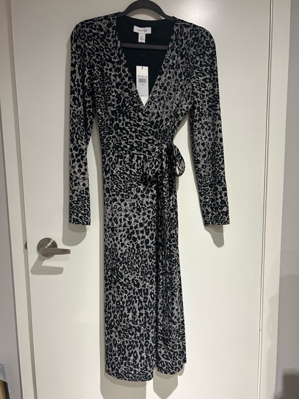 Calvin Klein Black & White Printed V-Neck Wrap Dress